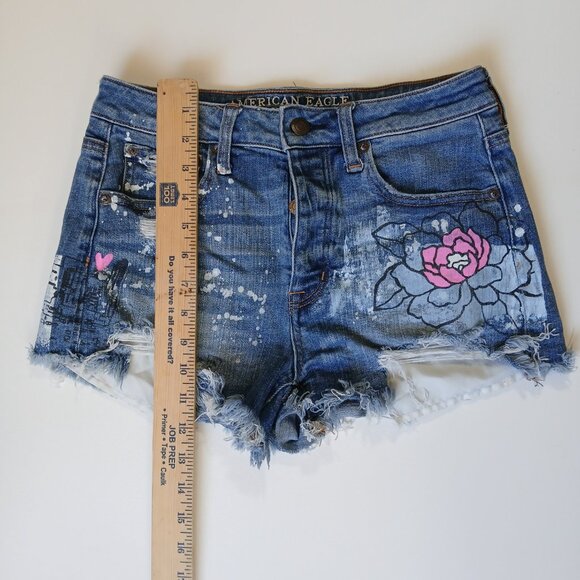American Eagle Hi-Rise Festival Shorts 4 Distressed Floral Paint Splatter Y2K - Picture 3 of 15